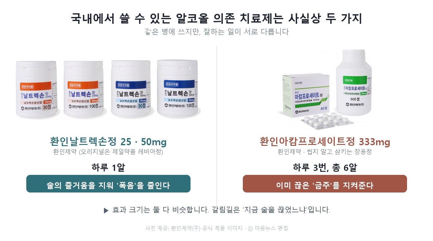 국내 알코올 의존 치료제 두 가지 — 날트렉손정과 아캄프로세이트정 비교